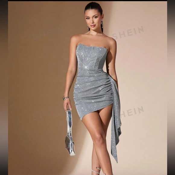 Dresses & Skirts - SHEIN BAE Women's Shiny
Ruched Flounce Bandeau Bo...
Silver / 6(M)